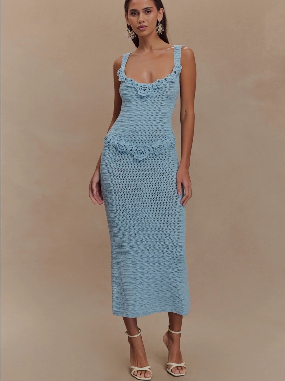 Meshki Sky Blue Crochet Rose-Trim Midi Dress